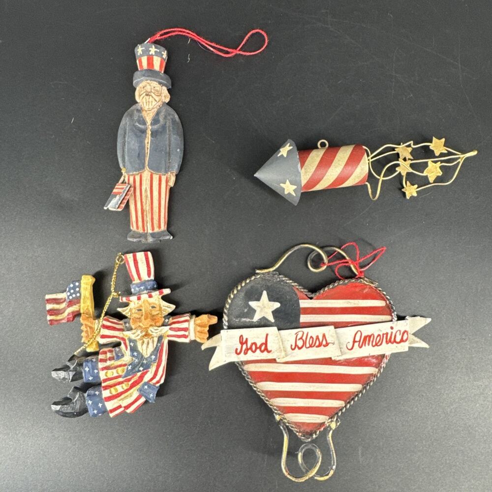 Patriotic Santa American Flag Christmas Mixed Material Ornament Lot 4 Rustic